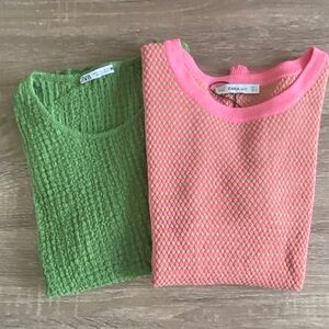 Zara Pink Textured Knit Top & Green Waffle Knit Top
